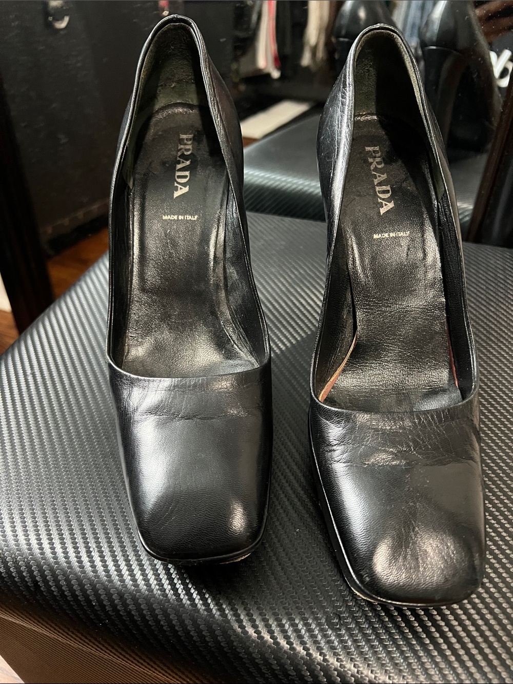 Prada Black Leather Square-Toe Pump Heel